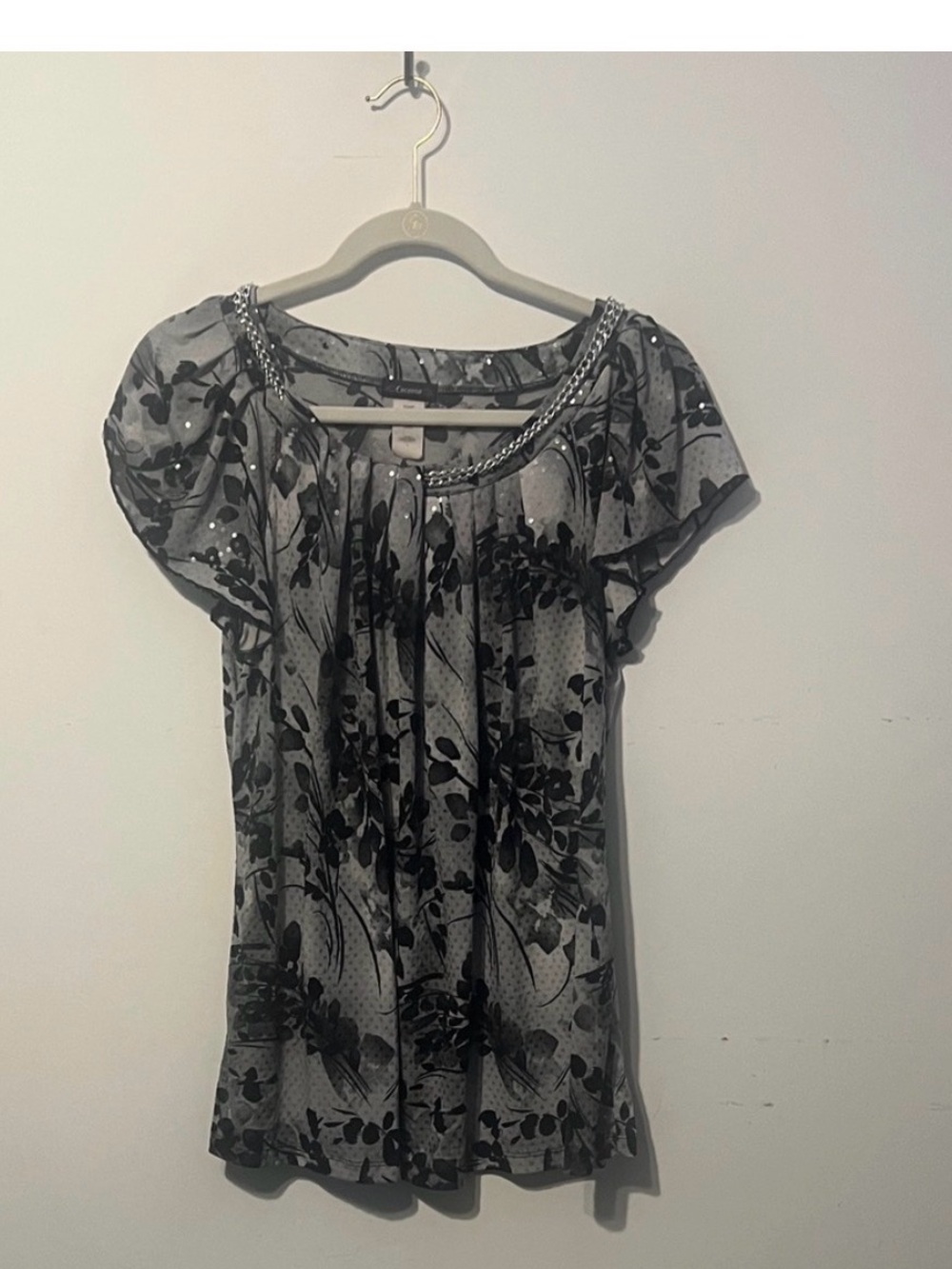 Cocomo Y2K Black and Grey Floral Chain-Neck Blouse Large Whimsigoth